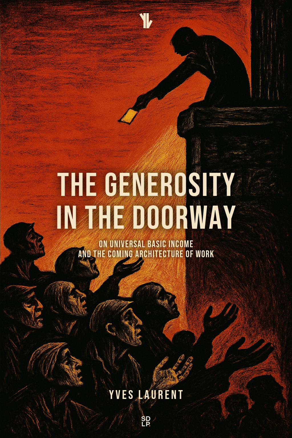 Portada de The Generosity in the Doorway — trabajadores en un umbral, atardecer rojo-naranja, estilo woodcut.